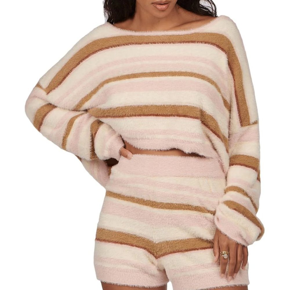 CHARLIE HOLIDAY TELLOW STRIPED FUZZY KNIT LONG SLEEVE CROP TOP - Picture 6 of 7
